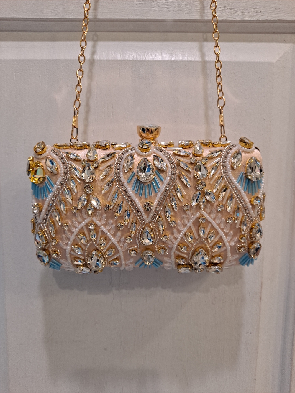 Carry Sonnet Ivory Satin & Light Blue Bead & Rhinestone Evening Crossbody Clutch